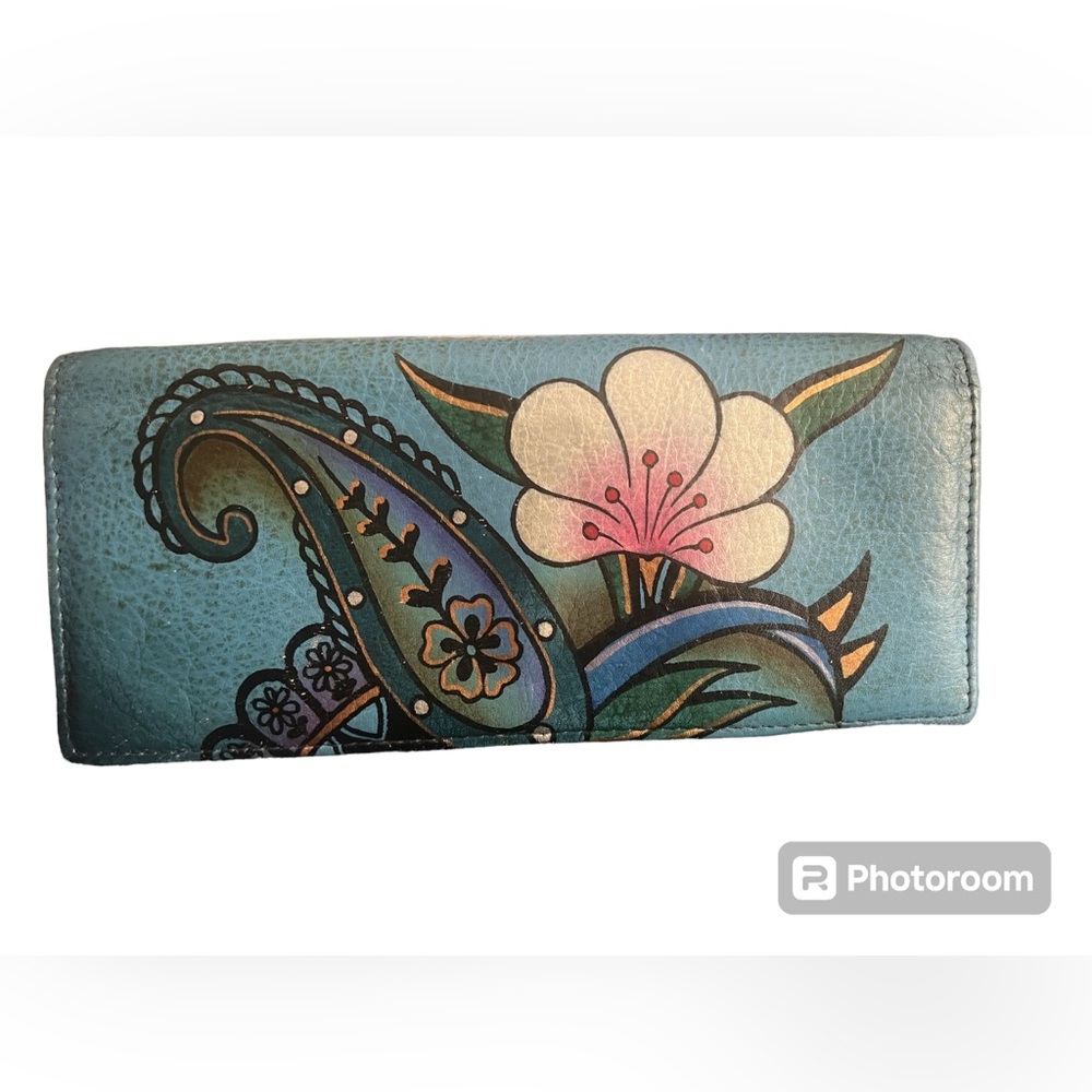 Anna by Anuschka hand painted original artwork leather trifold wallet.